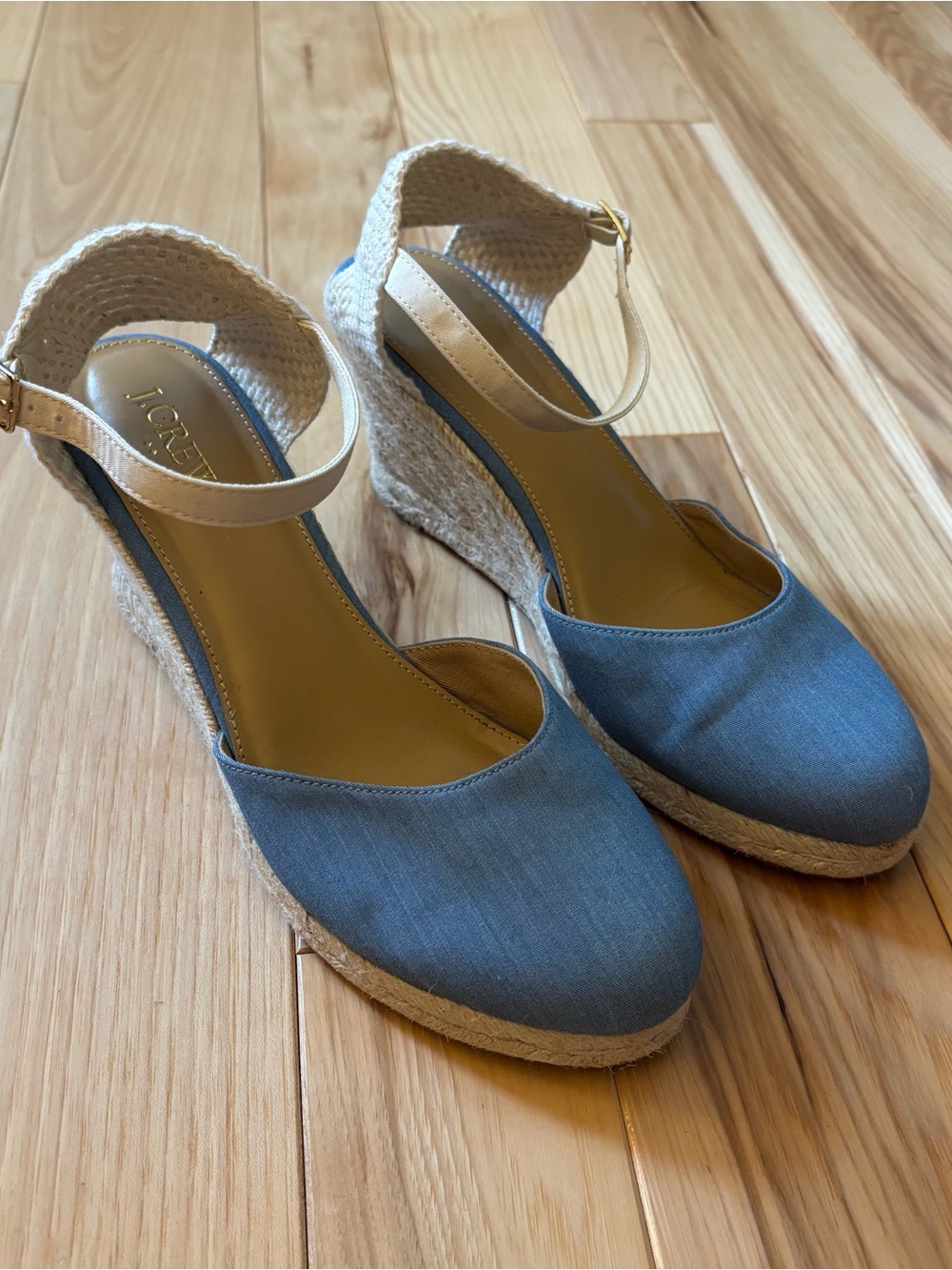 J. Crew Chambray Ankle Strap Espadrille Wedges